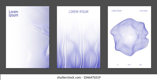 Cover Design Templates Set with Wavy Lines in Modern Style. Gradient Texture with Curves Stripes and Text. Trendy Covers for Brochure, Magazine, Presentation, Musical Posters. Abstract Backgrounds.