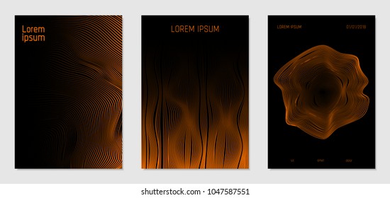 Cover Design Templates Set with Wavy Lines in Modern Style. Gradient Texture with Curves Stripes and Text. Trendy Covers for Brochure, Magazine, Presentation, Musical Posters. Abstract Backgrounds.