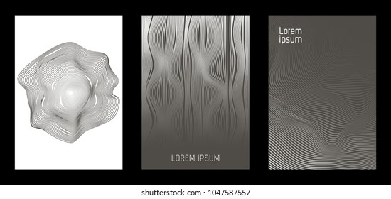 Cover Design Templates Set with Wavy Lines in Modern Style. Gradient Texture with Curves Stripes and Text. Trendy Covers for Brochure, Magazine, Presentation, Musical Posters. Abstract Backgrounds.