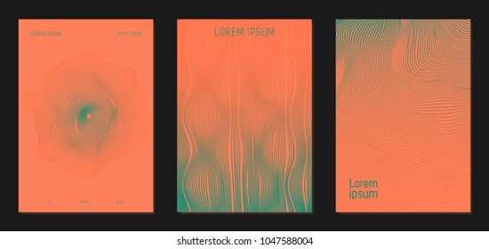 Cover Design Templates Set with Wavy Lines in Modern Style. Bright Gradient Texture with Curves Stripes and Text. Covers for Brochure, Magazine, Presentation, Musical Posters. Abstract Backgrounds.