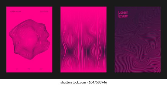 Cover Design Templates Set with Wavy Lines in Modern Style. Gradient Texture with Curves Stripes and Text. Trendy Covers for Brochure, Magazine, Presentation, Musical Posters. Abstract Backgrounds.