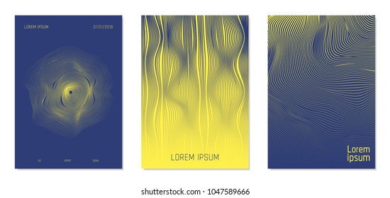 Cover Design Templates Set with Wavy Stripes in Modern Style. Abstract Backgrounds with Flow Lines and Text. Trendy Covers for Brochure, Magazine, Presentation, Musical Posters. Gradient Texture.