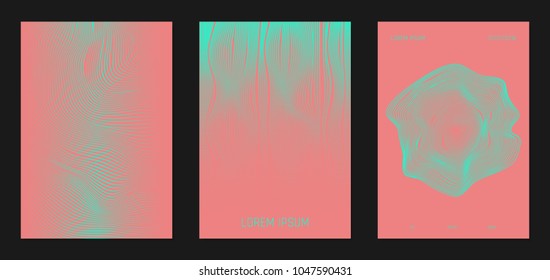 Cover Design Templates Set with Wavy Lines in Modern Style. Gradient Texture with Curves Stripes and Text. Trendy Covers for Brochure, Magazine, Presentation, Musical Posters. Abstract Backgrounds.