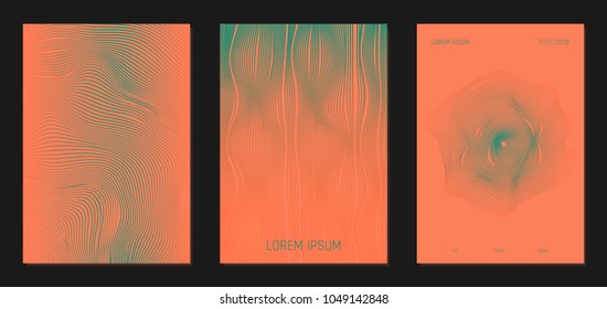 Cover Design Templates Set with Wavy Lines in Modern Style. Bright Gradient Texture with Curves Stripes and Text. Covers for Brochure, Magazine, Presentation, Musical Posters. Abstract Backgrounds.