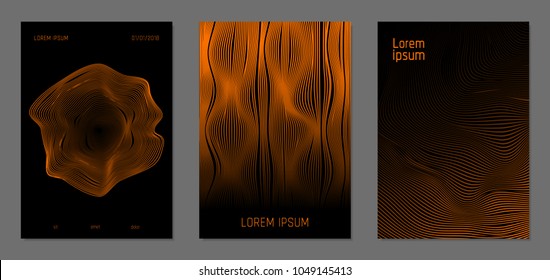 Cover Design Templates Set with Wavy Lines in Modern Style. Gradient Texture with Curves Stripes and Text. Trendy Covers for Brochure, Magazine, Presentation, Musical Posters. Abstract Backgrounds.