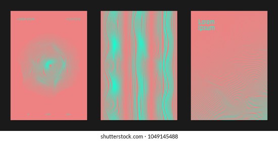 Cover Design Templates Set with Wavy Lines in Modern Style. Gradient Texture with Curves Stripes and Text. Trendy Covers for Brochure, Magazine, Presentation, Musical Posters. Abstract Backgrounds.