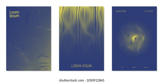 Cover Design Templates Set with Wavy Stripes in Modern Style. Abstract Backgrounds with Flow Lines and Text. Trendy Covers for Brochure, Magazine, Presentation, Musical Posters. Gradient Texture.