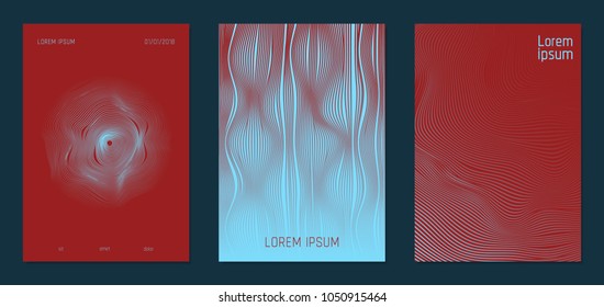 Cover Design Templates Set with Wavy Lines in Modern Style. Gradient Texture with Curves Stripes and Text. Trendy Covers for Brochure, Magazine, Presentation, Musical Posters. Abstract Backgrounds.