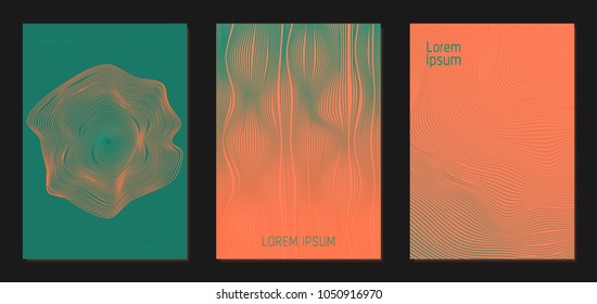 Cover Design Templates Set with Wavy Lines in Modern Style. Bright Gradient Texture with Curves Stripes and Text. Covers for Brochure, Magazine, Presentation, Musical Posters. Abstract Backgrounds.