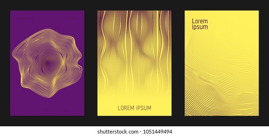 Cover Design Templates Set with Wavy Stripes in Modern Style. Abstract Backgrounds with Flow Lines and Text. Trendy Covers for Brochure, Magazine, Presentation, Musical Posters. Gradient Texture.