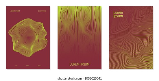 Cover Design Templates Set with Wavy Stripes in Modern Style. Abstract Backgrounds with Flow Lines and Text. Trendy Covers for Brochure, Magazine, Presentation, Musical Posters. Gradient Texture.