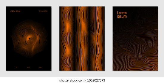 Cover Design Templates Set with Wavy Lines in Modern Style. Gradient Texture with Curves Stripes and Text. Trendy Covers for Brochure, Magazine, Presentation, Musical Posters. Abstract Backgrounds.