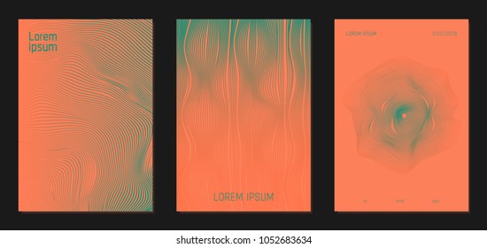 Cover Design Templates Set with Wavy Lines in Modern Style. Bright Gradient Texture with Curves Stripes and Text. Covers for Brochure, Magazine, Presentation, Musical Posters. Abstract Backgrounds.
