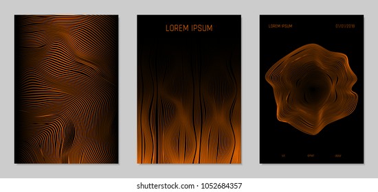 Cover Design Templates Set with Wavy Lines in Modern Style. Gradient Texture with Curves Stripes and Text. Trendy Covers for Brochure, Magazine, Presentation, Musical Posters. Abstract Backgrounds.