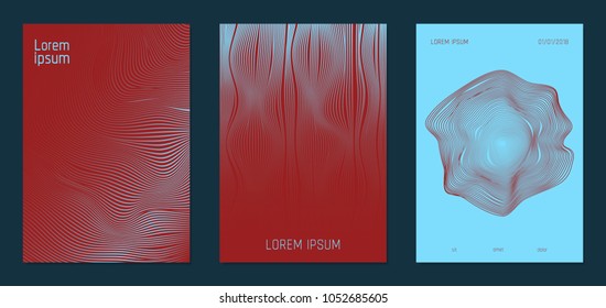Cover Design Templates Set with Wavy Lines in Modern Style. Gradient Texture with Curves Stripes and Text. Trendy Covers for Brochure, Magazine, Presentation, Musical Posters. Abstract Backgrounds.