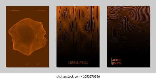 Cover Design Templates Set with Wavy Lines in Modern Style. Gradient Texture with Curves Stripes and Text. Trendy Covers for Brochure, Magazine, Presentation, Musical Posters. Abstract Backgrounds.