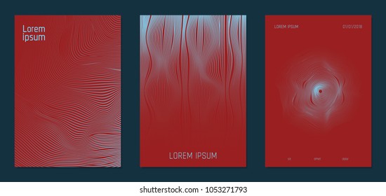 Cover Design Templates Set with Wavy Lines in Modern Style. Gradient Texture with Curves Stripes and Text. Trendy Covers for Brochure, Magazine, Presentation, Musical Posters. Abstract Backgrounds.