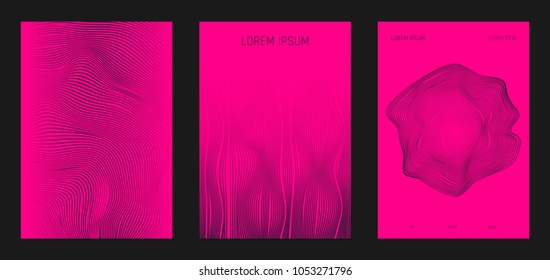 Cover Design Templates Set with Wavy Lines in Modern Style. Gradient Texture with Curves Stripes and Text. Trendy Covers for Brochure, Magazine, Presentation, Musical Posters. Abstract Backgrounds.