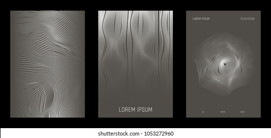Cover Design Templates Set with Wavy Lines in Modern Style. Gradient Texture with Curves Stripes and Text. Trendy Covers for Brochure, Magazine, Presentation, Musical Posters. Abstract Backgrounds.