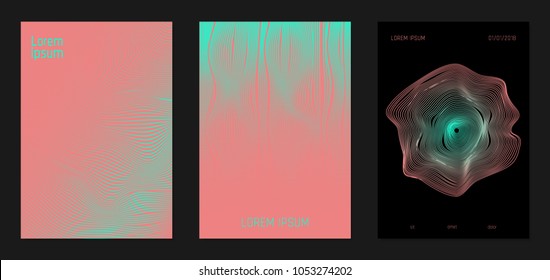 Cover Design Templates Set with Wavy Lines in Modern Style. Gradient Texture with Curves Stripes and Text. Trendy Covers for Brochure, Magazine, Presentation, Musical Posters. Abstract Backgrounds.