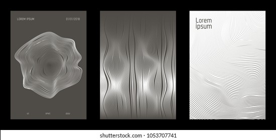 Cover Design Templates Set with Wavy Lines in Modern Style. Gradient Texture with Curves Stripes and Text. Trendy Covers for Brochure, Magazine, Presentation, Musical Posters. Abstract Backgrounds.