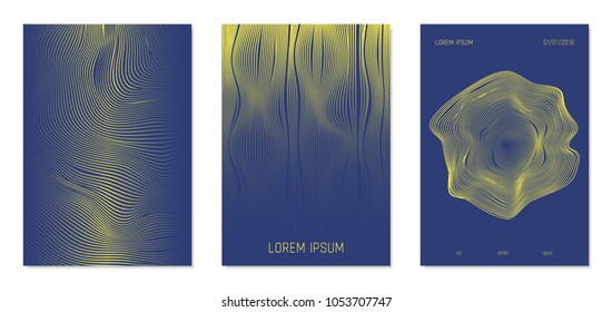 Cover Design Templates Set with Wavy Stripes in Modern Style. Abstract Backgrounds with Flow Lines and Text. Trendy Covers for Brochure, Magazine, Presentation, Musical Posters. Gradient Texture.