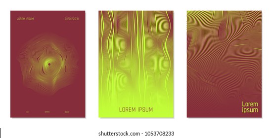 Cover Design Templates Set with Wavy Stripes in Modern Style. Abstract Backgrounds with Flow Lines and Text. Trendy Covers for Brochure, Magazine, Presentation, Musical Posters. Gradient Texture.