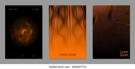 Cover Design Templates Set with Wavy Lines in Modern Style. Gradient Texture with Curves Stripes and Text. Trendy Covers for Brochure, Magazine, Presentation, Musical Posters. Abstract Backgrounds.