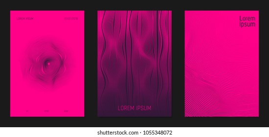 Cover Design Templates Set with Wavy Lines in Modern Style. Gradient Texture with Curves Stripes and Text. Trendy Covers for Brochure, Magazine, Presentation, Musical Posters. Abstract Backgrounds.