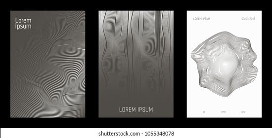 Cover Design Templates Set with Wavy Lines in Modern Style. Gradient Texture with Curves Stripes and Text. Trendy Covers for Brochure, Magazine, Presentation, Musical Posters. Abstract Backgrounds.