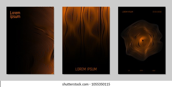 Cover Design Templates Set with Wavy Lines in Modern Style. Gradient Texture with Curves Stripes and Text. Trendy Covers for Brochure, Magazine, Presentation, Musical Posters. Abstract Backgrounds.