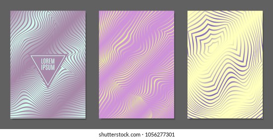 Cover Design Templates Set with Wavy Stripes in Modern Style. Abstract Backgrounds with Distortion of Geometric Shapes. Trendy Covers with Text and Gradient for Brochure, Magazine, Presentation, Book