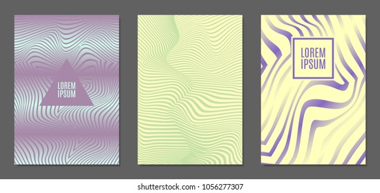 Cover Design Templates Set with Wavy Stripes in Modern Style. Abstract Backgrounds with Distortion of Geometric Shapes. Trendy Covers with Text and Gradient for Brochure, Magazine, Presentation, Book