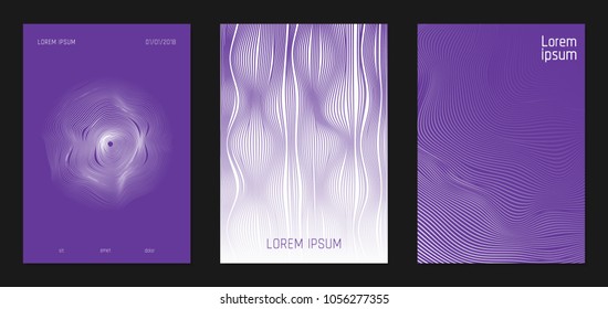 Cover Design Templates Set with Wavy Stripes in Modern Style. Abstract Backgrounds with Flow Lines and Text. Trendy Covers for Brochure, Magazine, Presentation, Musical Posters. Gradient Texture.