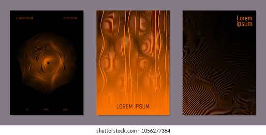 Cover Design Templates Set with Wavy Lines in Modern Style. Gradient Texture with Curves Stripes and Text. Trendy Covers for Brochure, Magazine, Presentation, Musical Posters. Abstract Backgrounds.