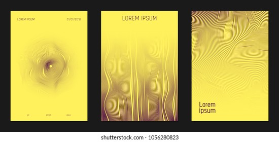 Cover Design Templates Set with Wavy Stripes in Modern Style. Abstract Backgrounds with Flow Lines and Text. Trendy Covers for Brochure, Magazine, Presentation, Musical Posters. Gradient Texture.