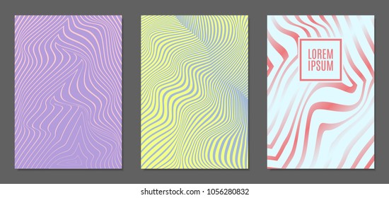 Cover Design Templates Set with Wavy Stripes in Modern Style. Abstract Backgrounds with Distortion of Geometric Shapes. Trendy Covers with Text and Gradient for Brochure, Magazine, Presentation, Book