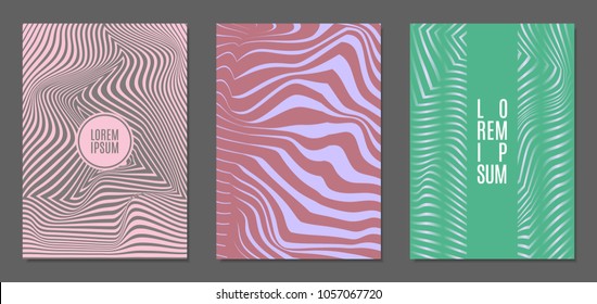 Cover Design Templates Set with Wavy Stripes in Modern Style. Abstract Backgrounds with Distortion of Geometric Shapes. Trendy Covers with Text and Gradient for Brochure, Magazine, Presentation, Book