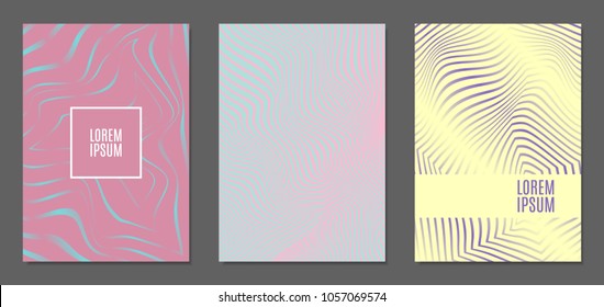 Cover Design Templates Set with Wavy Stripes in Modern Style. Abstract Backgrounds with Distortion of Geometric Shapes. Trendy Covers with Text and Gradient for Brochure, Magazine, Presentation, Book