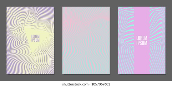 Cover Design Templates Set with Wavy Stripes in Modern Style. Abstract Backgrounds with Distortion of Geometric Shapes. Trendy Covers with Text and Gradient for Brochure, Magazine, Presentation, Book