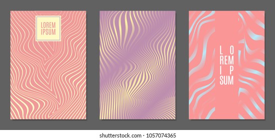 Cover Design Templates Set with Wavy Stripes in Modern Style. Abstract Backgrounds with Distortion of Geometric Shapes. Trendy Covers with Text and Gradient for Brochure, Magazine, Presentation, Book