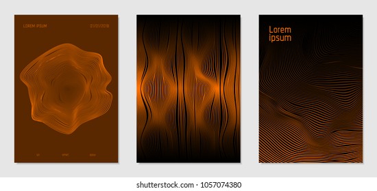 Cover Design Templates Set with Wavy Lines in Modern Style. Gradient Texture with Curves Stripes and Text. Trendy Covers for Brochure, Magazine, Presentation, Musical Posters. Abstract Backgrounds.