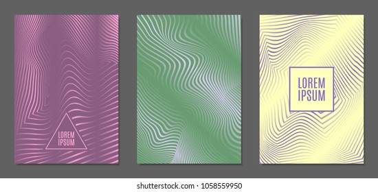 Cover Design Templates Set with Wavy Stripes in Modern Style. Abstract Backgrounds with Distortion of Geometric Shapes. Trendy Covers with Text and Gradient for Brochure, Magazine, Presentation, Book