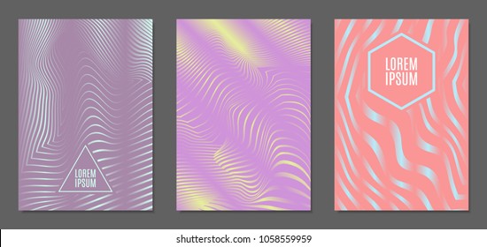Cover Design Templates Set with Wavy Stripes in Modern Style. Abstract Backgrounds with Distortion of Geometric Shapes. Trendy Covers with Text and Gradient for Brochure, Magazine, Presentation, Book