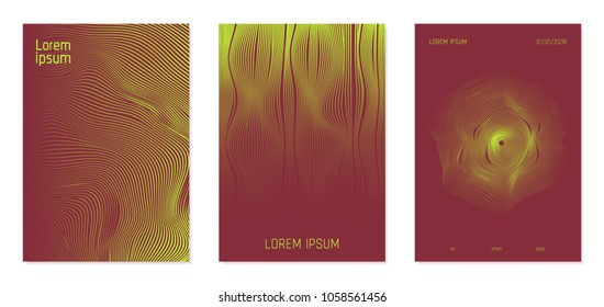 Cover Design Templates Set with Wavy Stripes in Modern Style. Abstract Backgrounds with Flow Lines and Text. Trendy Covers for Brochure, Magazine, Presentation, Musical Posters. Gradient Texture.