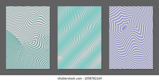 Cover Design Templates Set with Wavy Stripes in Modern Style. Abstract Backgrounds with Distortion of Geometric Shapes. Trendy Covers with Text and Gradient for Brochure, Magazine, Presentation, Book