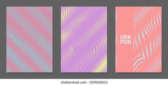 Cover Design Templates Set with Wavy Stripes in Modern Style. Abstract Backgrounds with Distortion of Geometric Shapes. Trendy Covers with Text and Gradient for Brochure, Magazine, Presentation, Book