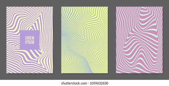 Cover Design Templates Set with Wavy Stripes in Modern Style. Abstract Backgrounds with Distortion of Geometric Shapes. Trendy Covers with Text and Gradient for Brochure, Magazine, Presentation, Book