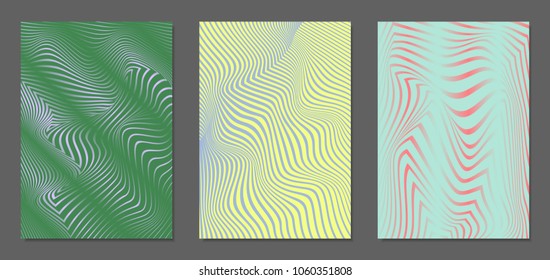 Cover Design Templates Set with Wavy Stripes in Modern Style. Abstract Backgrounds with Distortion of Geometric Shapes. Trendy Covers with Text and Gradient for Brochure, Magazine, Presentation, Book