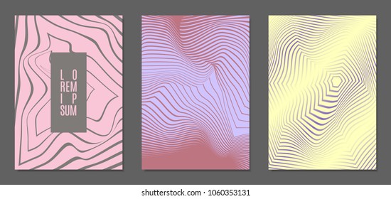 Cover Design Templates Set with Wavy Stripes in Modern Style. Abstract Backgrounds with Distortion of Geometric Shapes. Trendy Covers with Text and Gradient for Brochure, Magazine, Presentation, Book